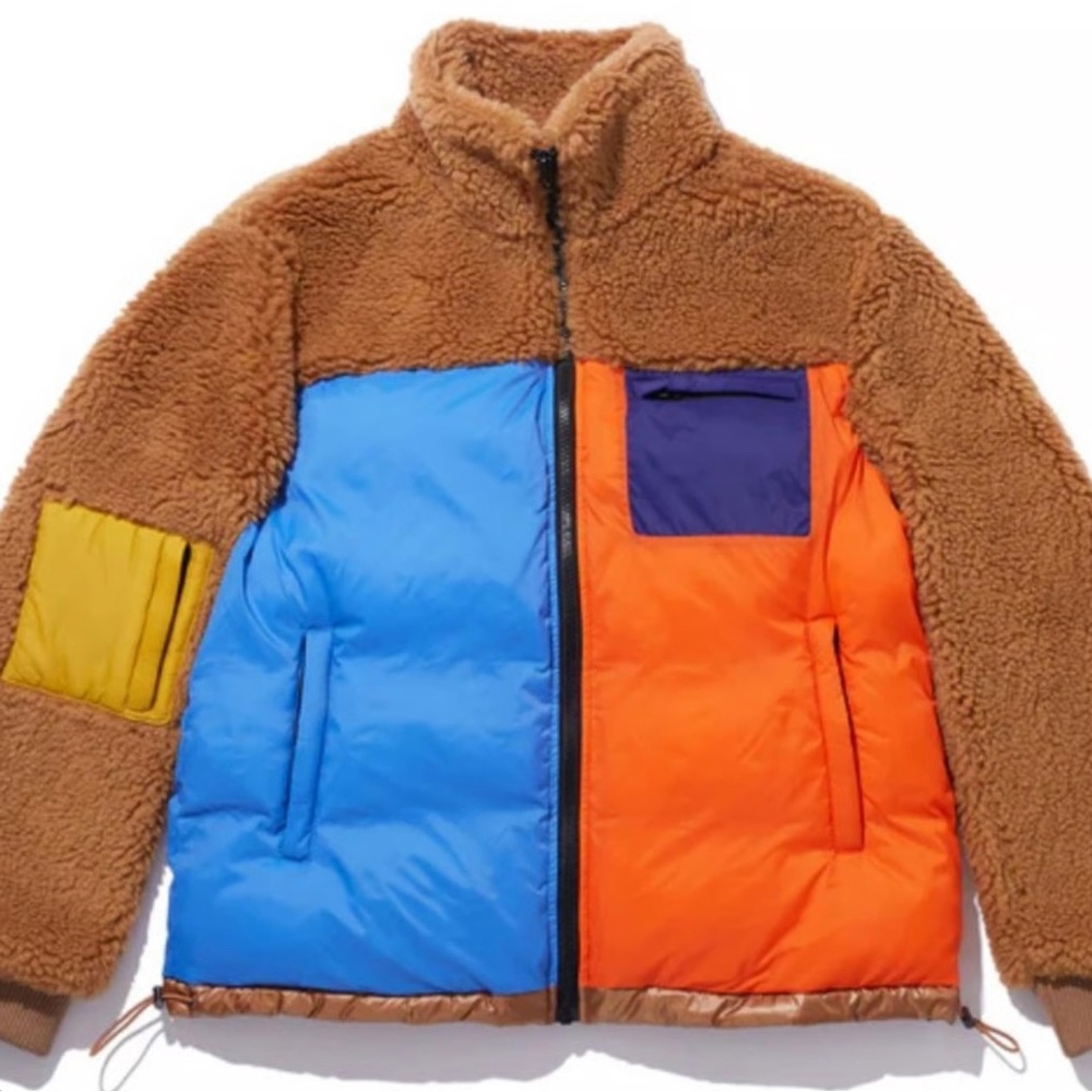 KULE Colorblock Puffer Jacket - Blue, Orange, Yellow, and Tan